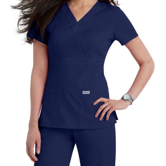 Grey's Anatomy Tops - Grey's Anatomy by Barco Blue 3-Pocket Modern Fit Mock Wrap Medical Scrub…
